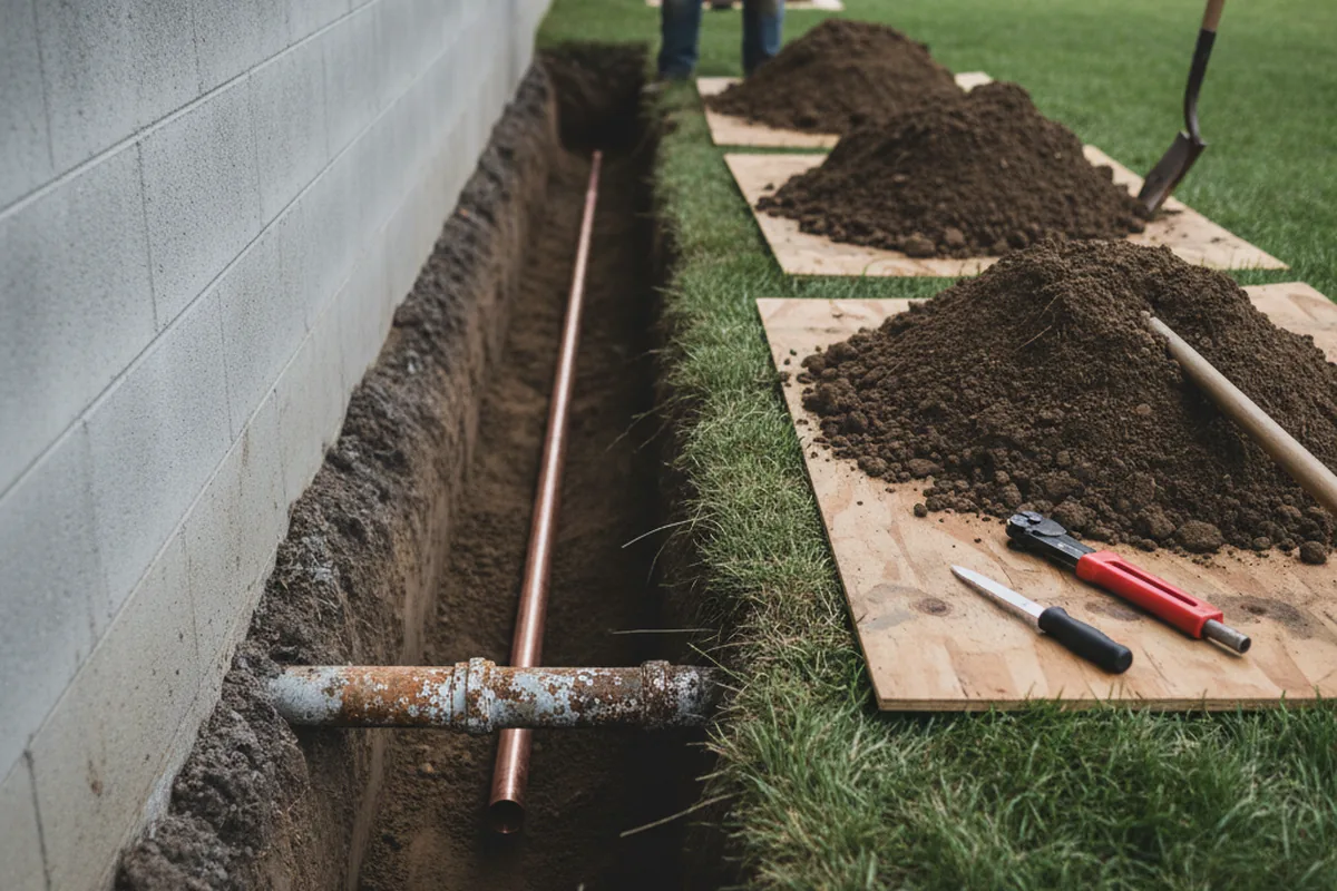 Excavated water line trench during Water Softener Installation in Baker